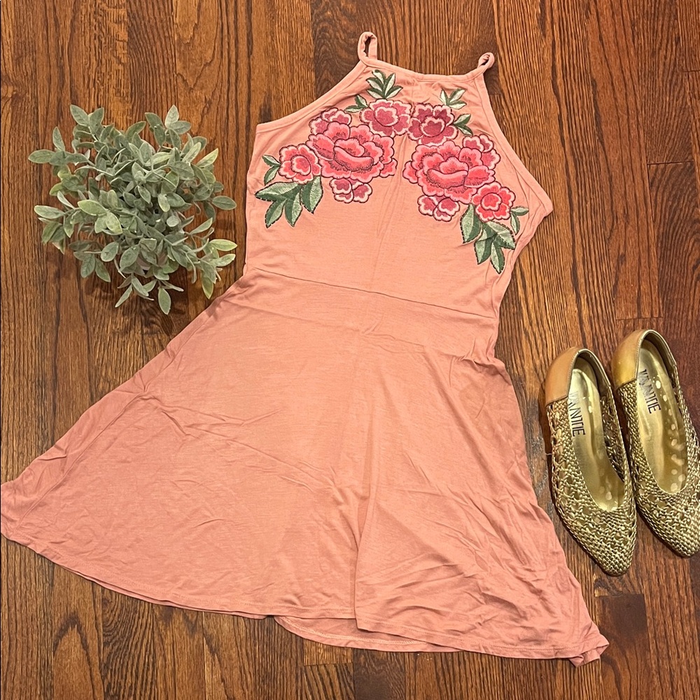 Floral Embroidered Pink Halter Dress